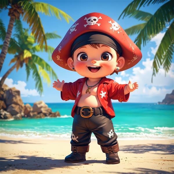 تصویر کارتونی دزد دریایی کودکانه شاد با لباس قرمز و کلاه جمجمه روی شن‌های ساحل استوایی
