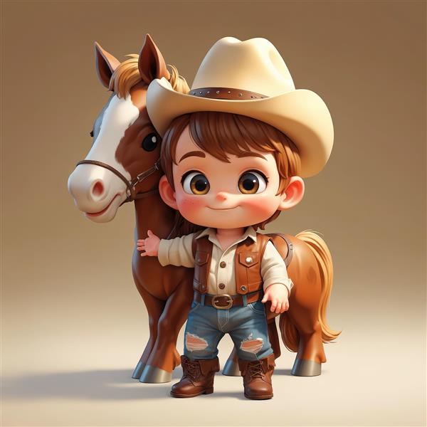 عروسک کابوی کوچک با کلاه و جلیقه، افسار اسب را در دست دارد