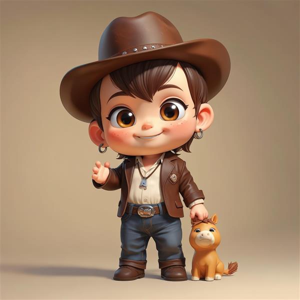 کاراکتر کارتونی دختر کابوی با گوشواره و گردنبند، در حال ناز کردن اسب مینیاتوری (اسب پونی)