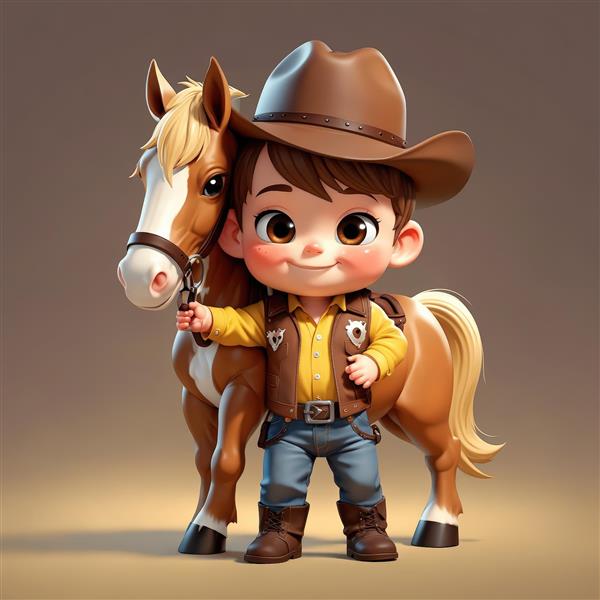 عروسک کابوی کوچک با کلاه و جلیقه، افسار اسب را در دست دارد، تصویر با احساس دوستی