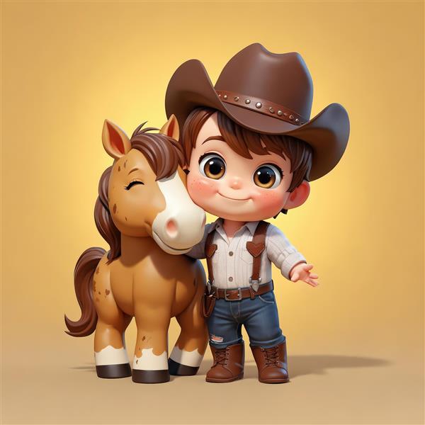 تصویر کارتونی پسر کابوی با ساسبند و پیراهن سفید، دست دراز شده، کنار اسب مهربان