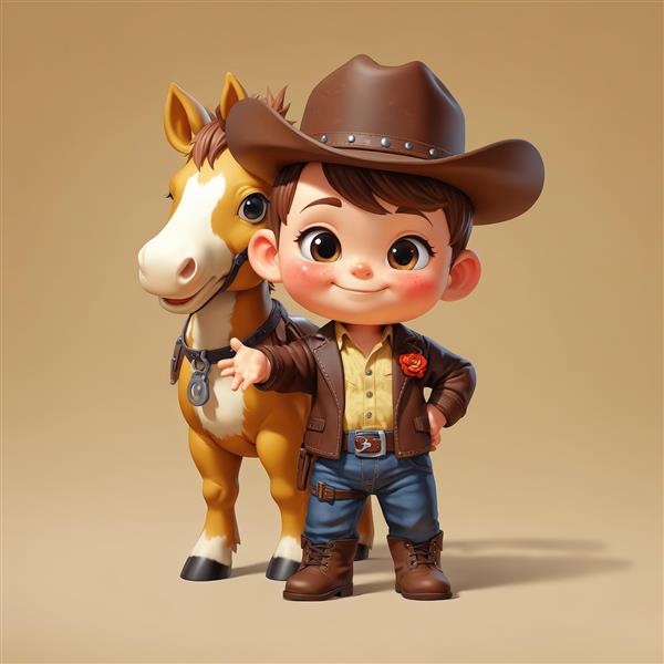 پسر کابوی بانمک با ژاکت چرمی و دست باز، اسب در پس‌زمینه، با کنتراست رنگی ملایم