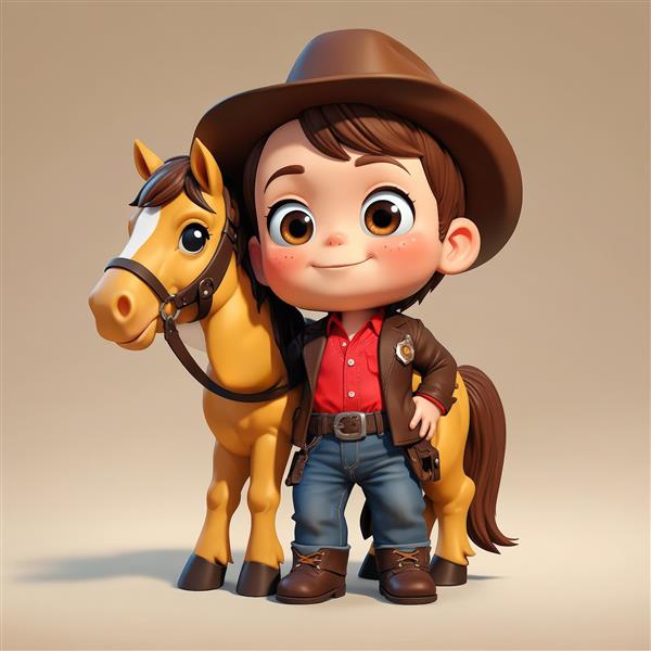 کاراکتر کابوی کوچک با پیراهن قرمز و ژاکت قهوه‌ای، ایستاده در کنار اسب زرد خود، طراحی سه‌بعدی