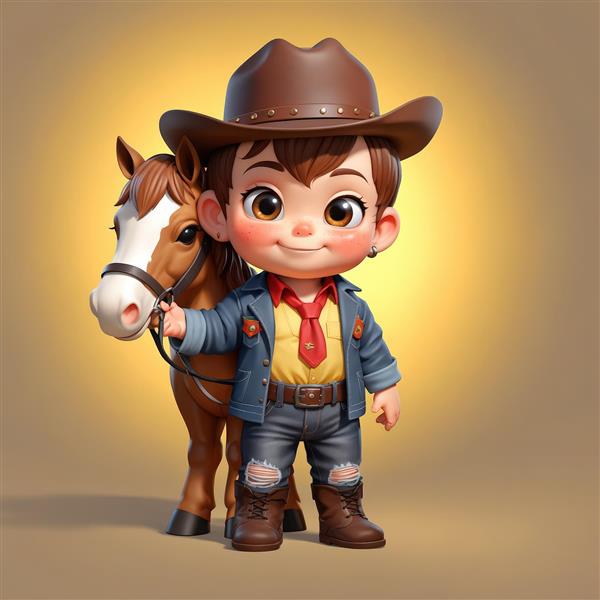 پسربچه کابوی کارتونی با ژاکت جین و کراوات قرمز، در کنار اسب قهوه‌ای، نورپردازی طلایی