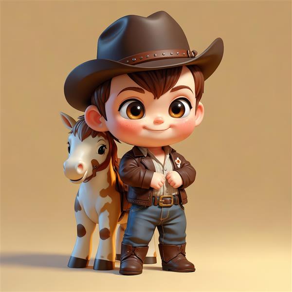 تصویر کارتونی پسر کابوی خجالتی با اسب خال‌دار کلاه و ژاکت قهوه‌ای، مناسب پوستر