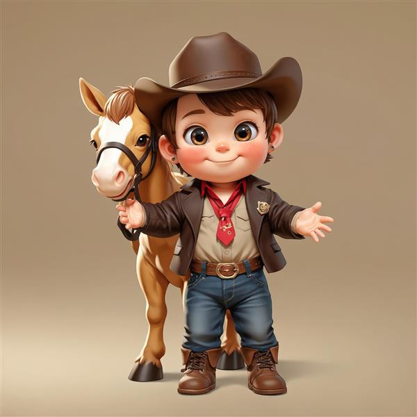 تصویر عروسکی پسرک کابوی با کراوات قرمز بولو و ژاکت چرمی در کنار اسب خود، طراحی سه بعدی