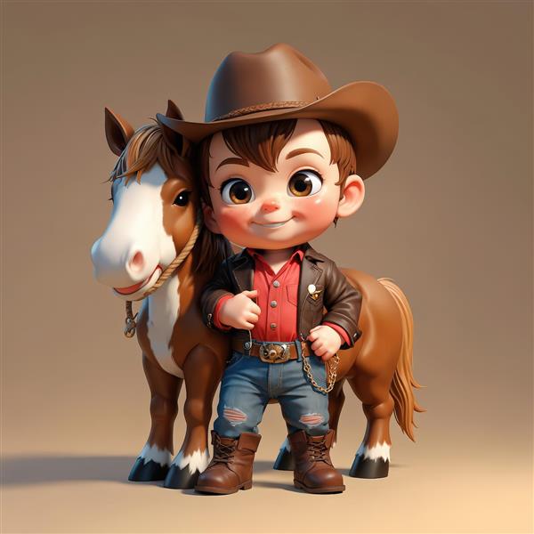 مجسمه کارتونی پسر کابوی شاد با اسب قهوه‌ای، کلاه و چکمه‌های چرمی، با کیفیت بالا برای چاپ