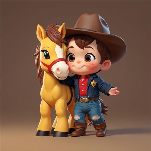 عروسک کارتونی بامزه پسر کابوی با کلاه و نشان کلانتری، در آغوش گرفتن اسب زرد، تصویر دکوراتیو کودکانه