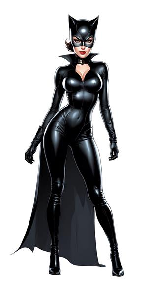 تصویر تمام‌قد زن گربه‌ای در لباس چرمی سیاه و براق با شنل و پس‌زمینه سفید ساده