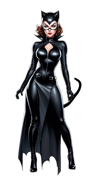 زن گربه‌ای کلاسیک در لباس چرمی براق مشکی، ایستاده در پس‌زمینه سفید، تصویر دکوراتیو