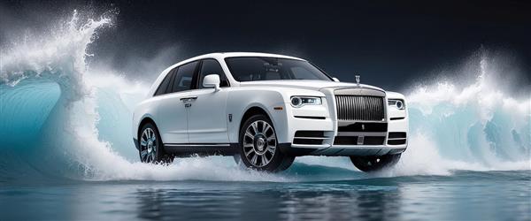 رولز رویس کالینان سفید در حال عبور قدرتمند از موج بزرگ آب، طراحی سه‌بعدی و لوکس