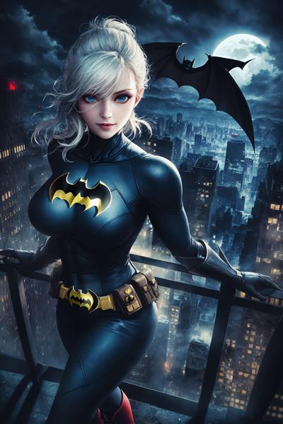 زن خفاشی با موهای نقره‌ای و ماسک، روی لبه ساختمان با چشم‌انداز گاتهام شبانه، والپیپر باکیفیت