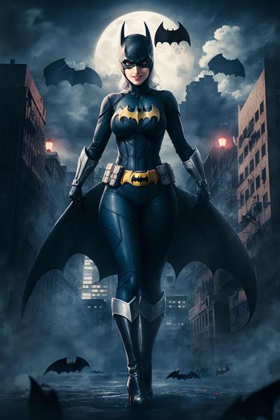 تصویر تمام‌قد زن خفاشی در حال قدم زدن در خیابان تاریک گاتهام، با جلوه هنری و دراماتیک