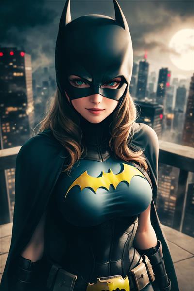 پرتره زن خفاشی با پس‌زمینه ابرشهری و ماه کامل، مناسب پوستر دکوراتیو