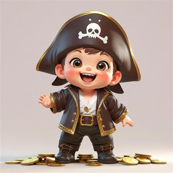 تصویر گرافیکی کودک دزد دریایی با سکه‌های طلا با پس‌زمینه روشن