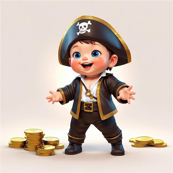 تصویر گرافیکی کودک دزد دریایی و ستون کوچک سکه‌های طلا با پس‌زمینه روشن