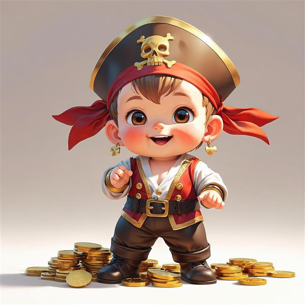 عکس کودک دزد دریایی شاد با چشم‌های آبی و گوشواره در میان سکه‌های طلا