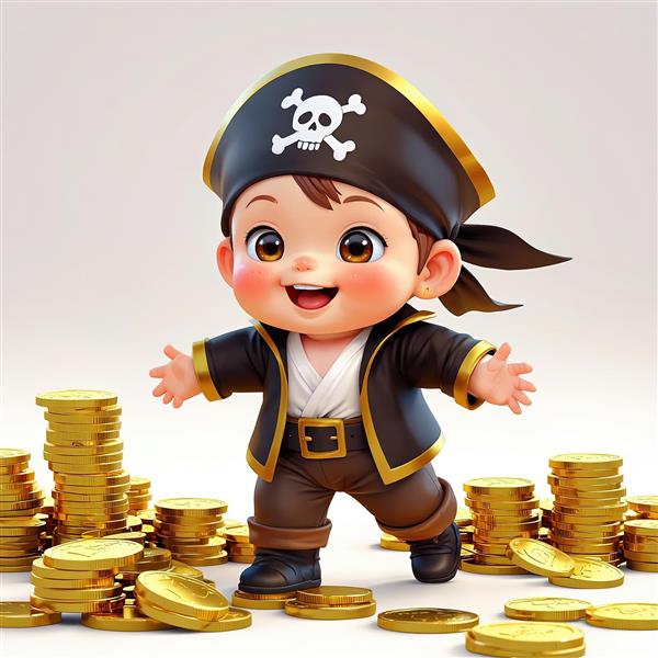 تصویر سئو کودک دزد دریایی در حال راه رفتن روی سکه‌های طلا برای محصولات چاپی