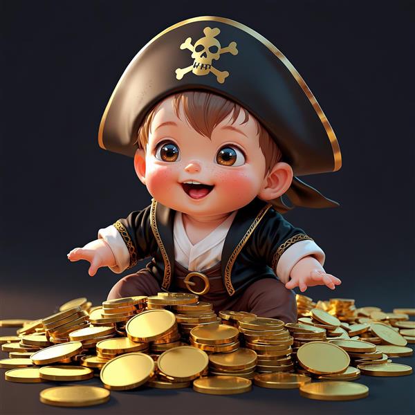 پس‌زمینه باکیفیت کودک دزد دریایی نشسته روی انبوه سکه‌های طلا برای پوستر