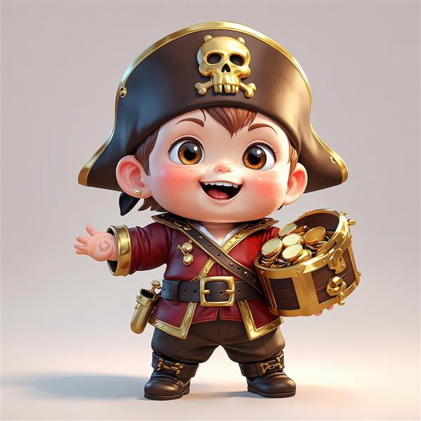 والپیپر اورجینال کودک دزد دریایی با بشکه کوچک پر از سکه طلا برای چاپ عریض