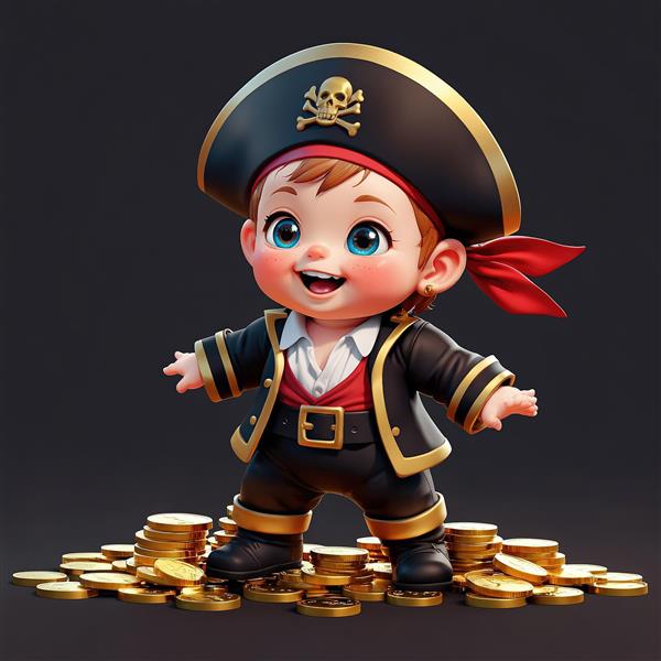 طرح گرافیکی کودک دزد دریایی شاد با جلیقه قرمز و سکه‌های طلایی برای وب فارسی