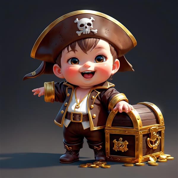 عکس سه بعدی کودک کاپیتان دزد دریایی و صندوق گنج چوبی برای محصولات دکوراتیو