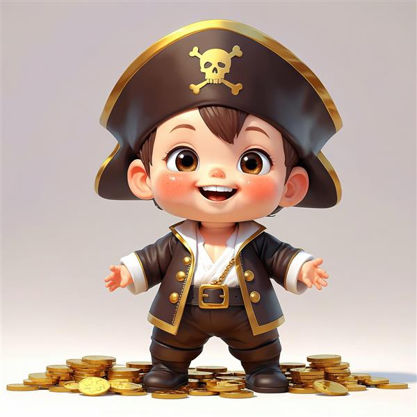 تصویر باکیفیت کودک دزد دریایی بامزه روی سکه‌های طلا برای چاپ پوستر و تابلو