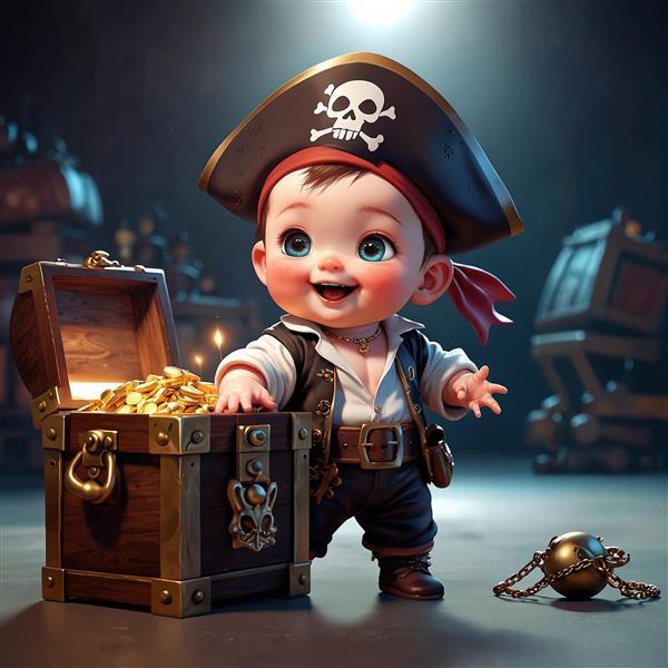 طرح اورجینال کودک دزد دریایی کاپیتان و صندوق گنج باز شده با سکه‌های طلا