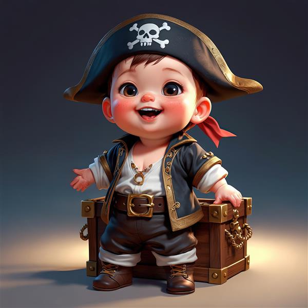عکس باکیفیت کودک دزد دریایی شاد و صندوقچه گنج برای تولید محصولات دکوراتیو