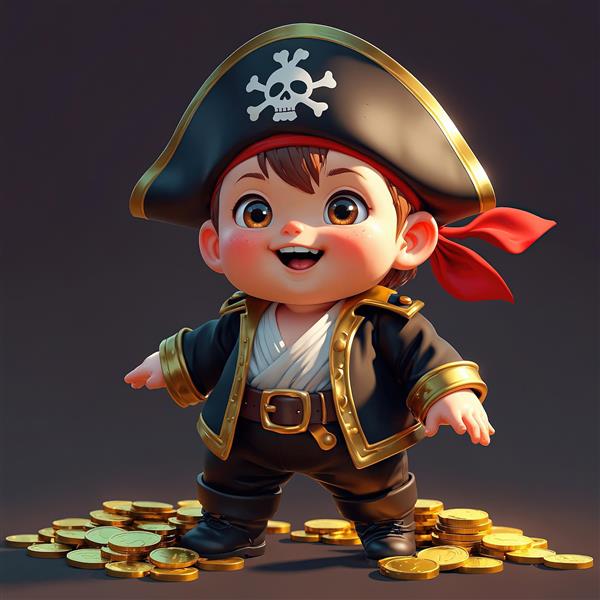 تصویر سه بعدی کودک دزد دریایی خندان با ژاکت مشکی و سکه‌های طلا برای چاپ باکیفیت