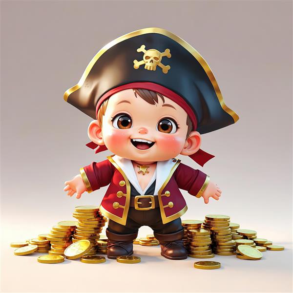 عکس کودک دزد دریایی با ژاکت قرمز و سکه‌های طلایی برای تولیدات دکوراتیو عریض