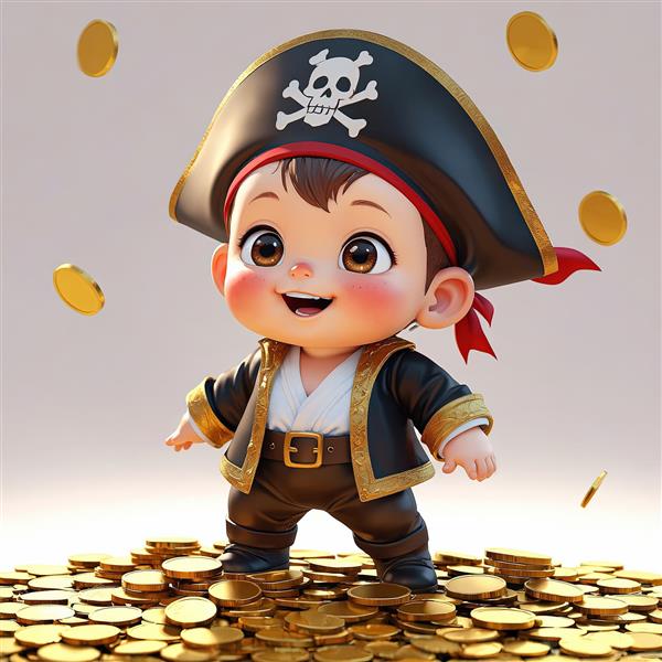 والپیپر اورجینال کودک کاپیتان شاد و سکه‌های طلا در حال پرواز برای والپیپر و چاپ