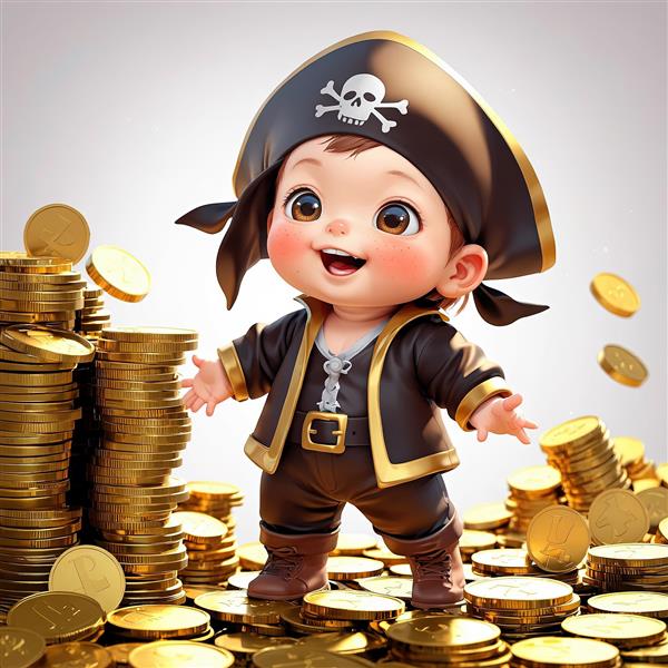 طرح گرافیکی کودک دزد دریایی و کوه سکه‌های طلا با پس‌زمینه روشن برای پوستر