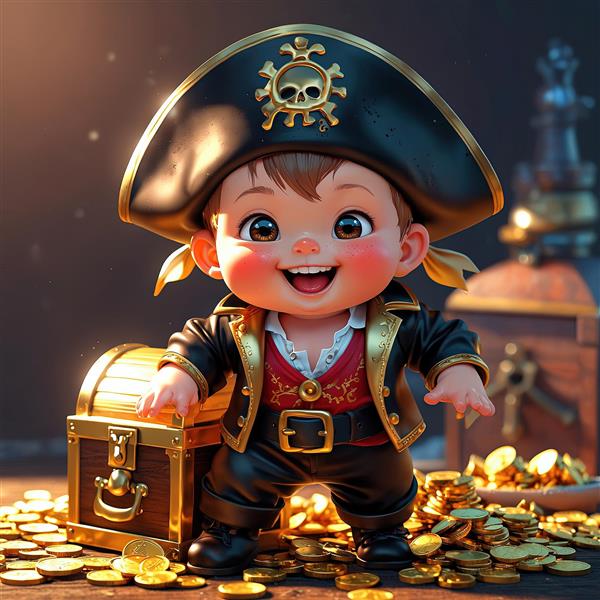 تصویر کودک دزد دریایی در حال پیدا کردن گنج با نورپردازی دراماتیک با کیفیت بالا