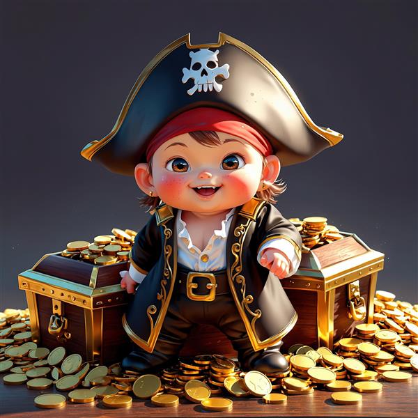 پس‌زمینه سئو کودک دزد دریایی و صندوق‌های بزرگ پر از سکه طلا برای چاپ عریض