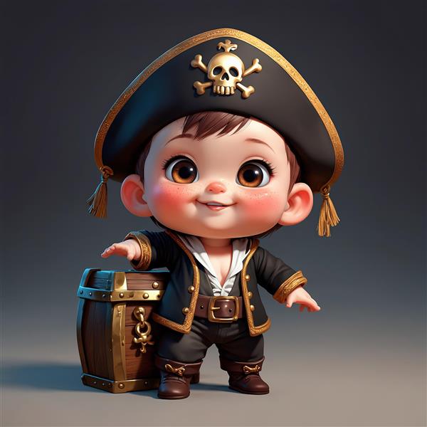 وکتور سه بعدی کودک کاپیتان دزدان دریایی و بشکه گنج برای محصولات دکوراتیو