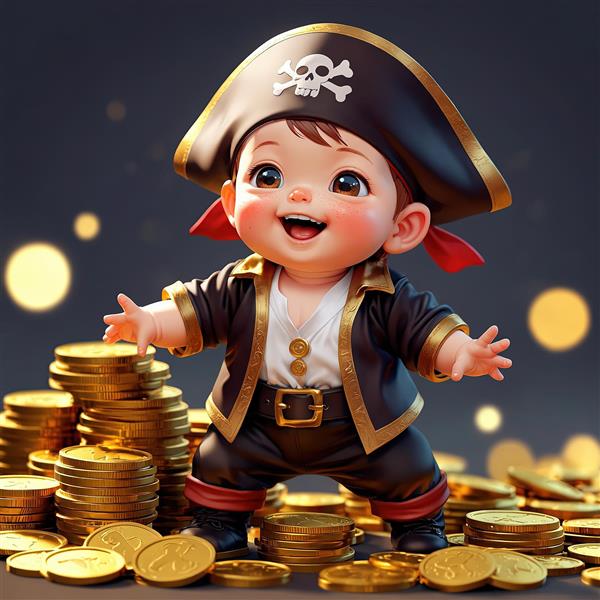 تصویر باکیفیت کودک دزد دریایی شاد روی گنج سکه طلا برای چاپ پوستر و تابلو