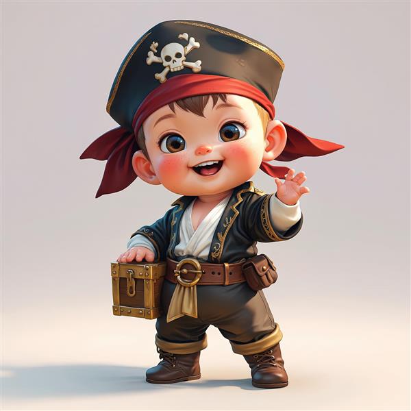 کودک دزد دریایی با کلاه و چشم‌بند و صندوقچه گنج طلایی، در حال سلام کردن با دست