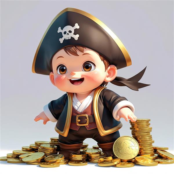 تصویر سه‌بعدی کودک دزد دریایی در میان سکه‌های طلا، در حال اشاره به یک سکه بزرگ، گنج یابی