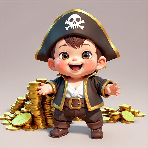 شخصیت کارتونی دزد دریایی با انبوهی از سکه‌های طلای انباشته شده، کاراکتر ثروتمند و شاد