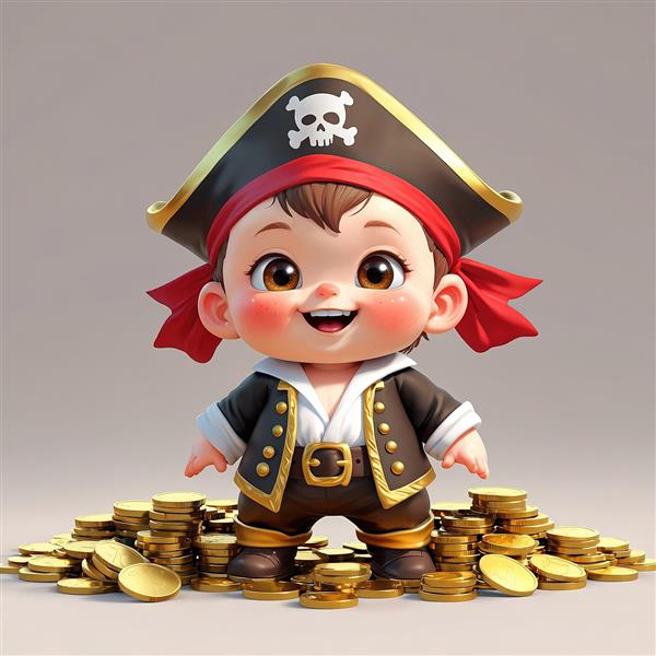 کودک دزد دریایی خندان با سکه‌های طلا و کلاه کاپیتانی، کاراکتر سه‌بعدی ثروت و گنج
