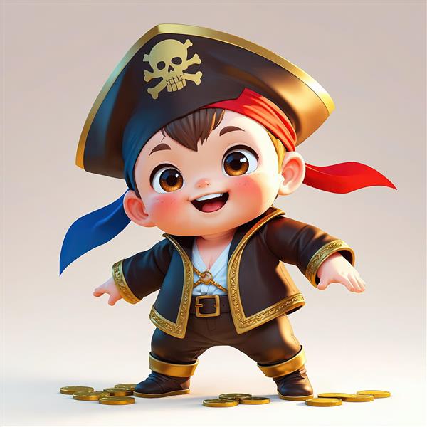 تصویر کودک دزد دریایی با روسری قرمز و آبی، کلاه سه‌گوش با اسکلت، ایستاده روی سکه‌های طلا
