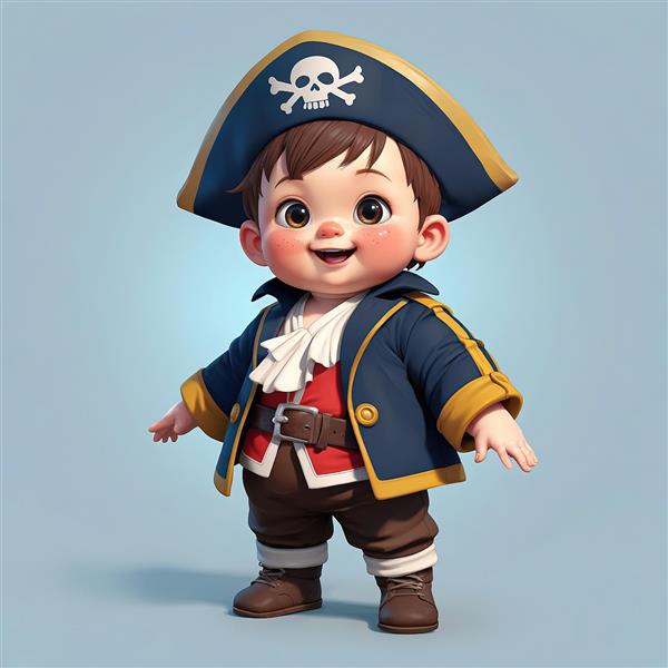 شخصیت سه‌بعدی کودک کاپیتان با لباس رسمی سرمه‌ای و پیراهن سفید یقه‌دار، کلاه با نشان اسکلت