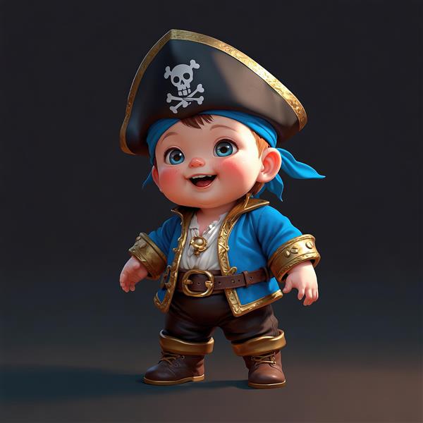 کودک دزد دریایی کارتونی با پیراهن و کلاه سه‌گوش، جلیقه آبی و شلوار قهوه‌ای، کاراکتر ماجراجوی دریایی
