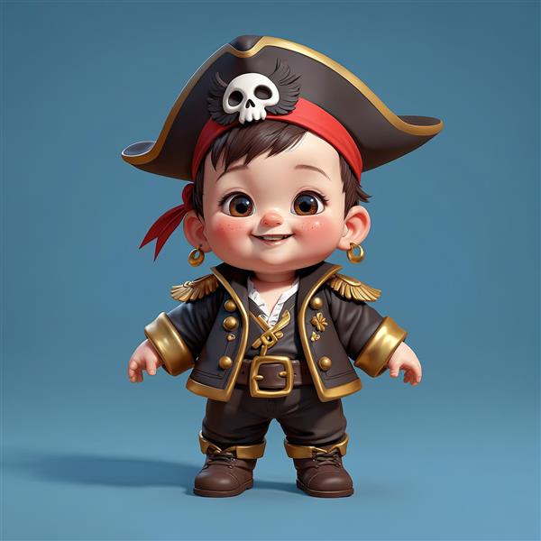 تصویر سه‌بعدی کودک کاپیتان دزد دریایی با چشم‌بند، گوشواره حلقه طلا و اپولت طلایی، یونیفرم رسمی