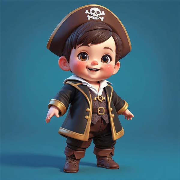 عروسک سه‌بعدی کودک با لباس دزد دریایی کلاسیک و کلاه سه‌گوش، کاراکتر خندان و باکیفیت بالا