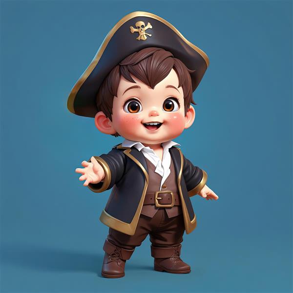 تصویر سه‌بعدی کودک شاد با کلاه کاپیتانی و یونیفرم مشکی طلایی، کاراکتر کارتونی ماجراجو
