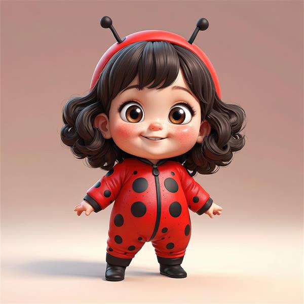 عروسک سه‌بعدی کودک با هودی کفشدوزکی ، کاپشن بادی با دکمه‌های سیاه بزرگ