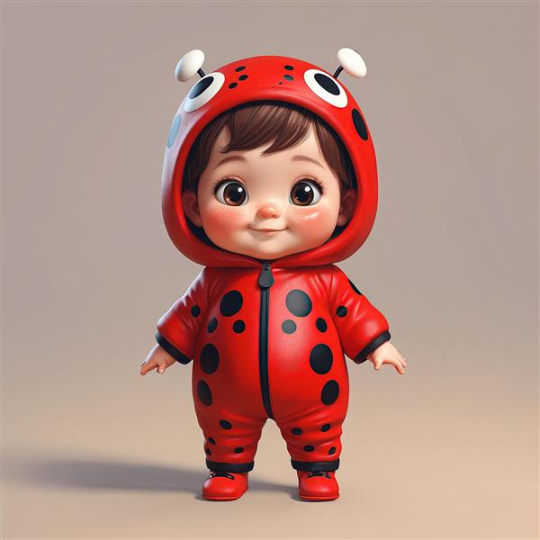 کودک با لباس کفشدوزک و هدبند گوش‌دار، روپوش قرمز براق زیپ‌دار، تصویر سه‌بعدی زیبا