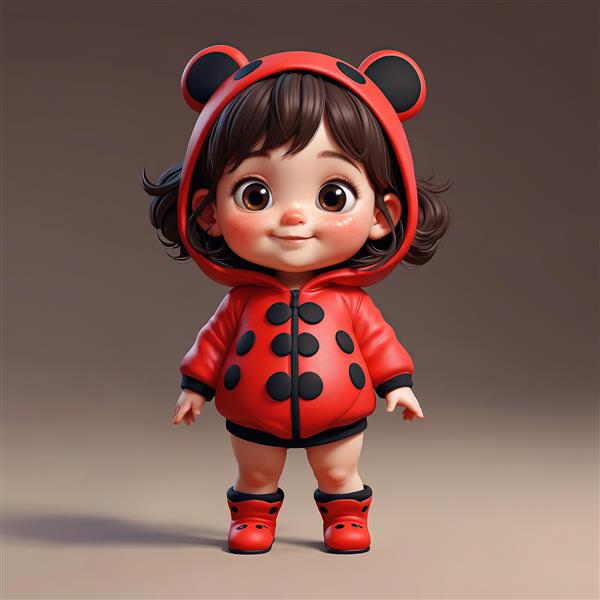 تصویر فانتزی کودک با روپوش کفشدوزکی کلاهدار و بال‌های نازک، کاراکتر با شاخک و کفش بندی